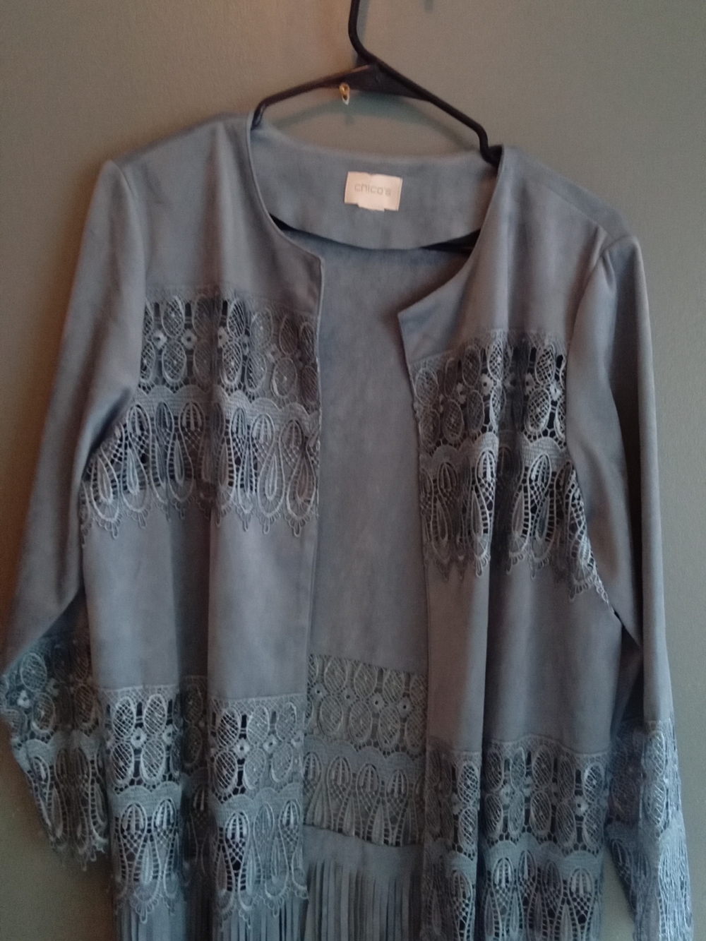 Chicos Grey Faux Suede Lace Crochet Fringe Open Front Longline Jacket Coat‎